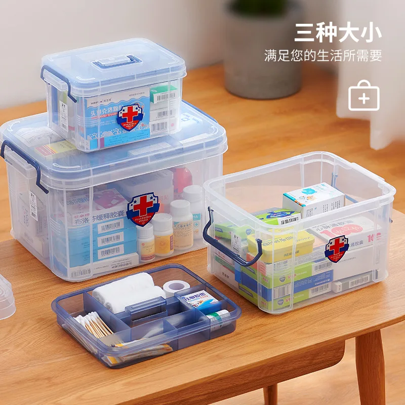 

Transparent Aid Kit Box Portable Medicine Storage Box 2 Tiers Plastic Multifunctional Family Storage Organizer Large Capacity