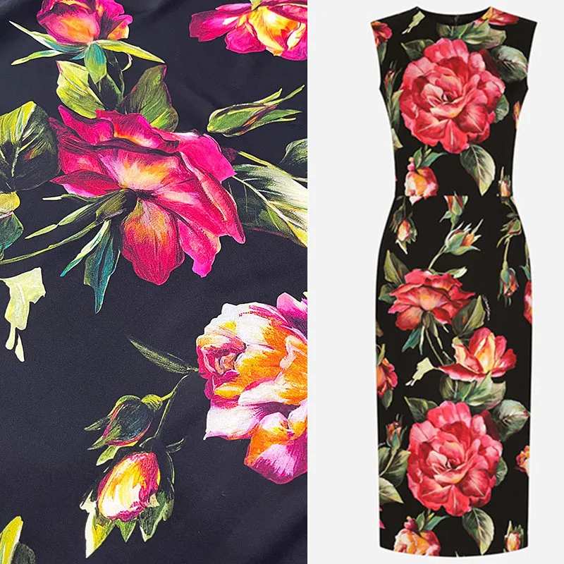 

Модный романтичный женский большой цветочный принт 100% шелк тутового шелкопряда стрейч двойной Джо Атлас дизайнерская ткань материал на метр