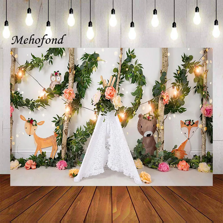 

Фотофон Mehofond с изображением леса животных Розовый цветочный лес девушка торт на день рождения разбивает фотостудию