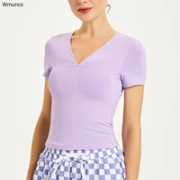 wmuncc 2022 summer sport shirt women short sleeves fitness top v neck zipper breathable stretch slim tight gymwear