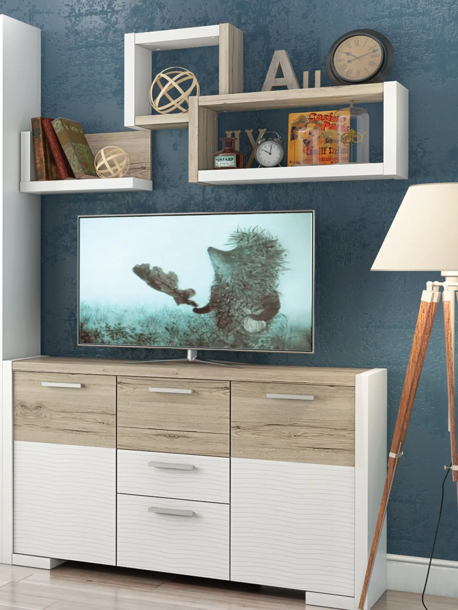 Полка Beneli Veneto Oak Sanremo/White для декора дома, стеллажи для стены из дерева, украшения комнаты в скандинавском стиле, современная эстетика лофта.