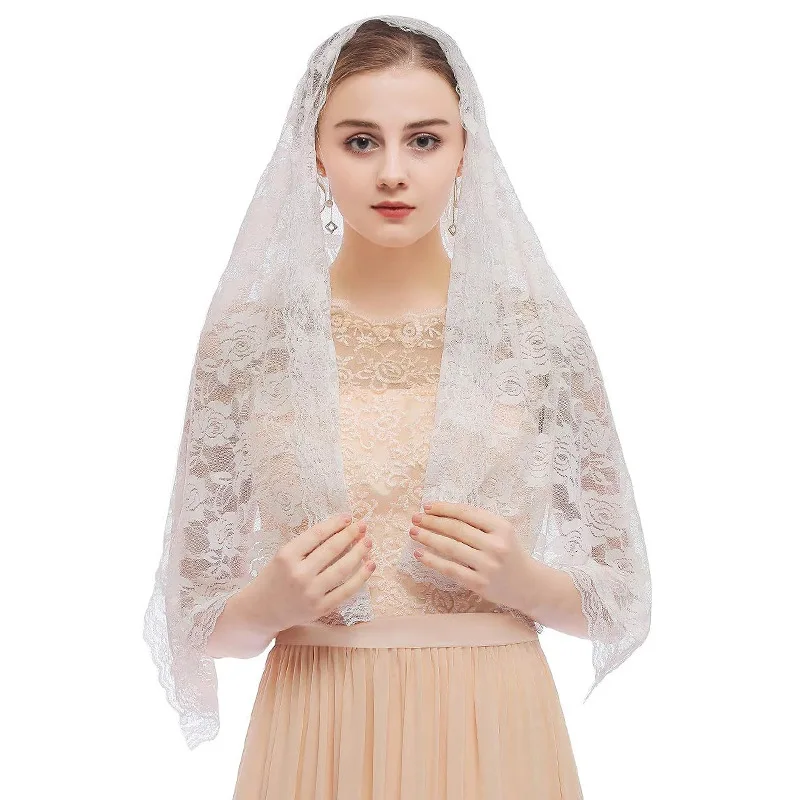 Фото Фата Mantilla для церкви в испанском стиле, кружевная фата для свадьбы, черно-белая часовня, католическая вуаль, мусульманское покрытие головы №2