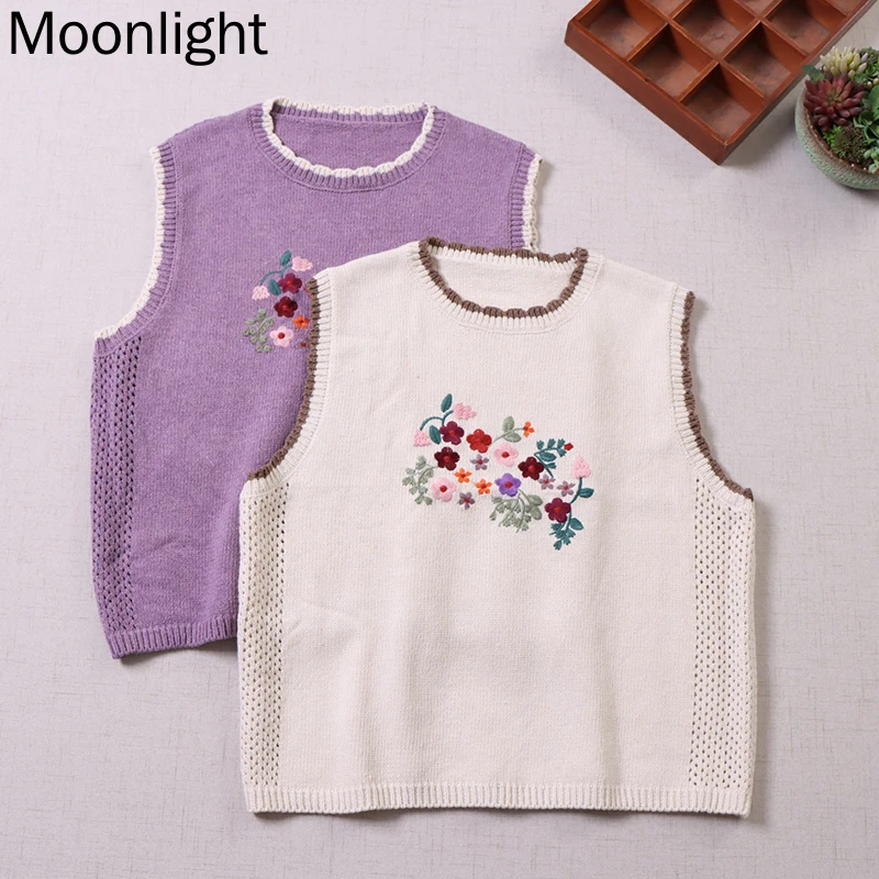 

Женский вязаный жилет с цветочной вышивкой, Осенний винтажный свитер в японском стиле Mori Girl с круглым вырезом, свободные свитера без рукавов, пуловер