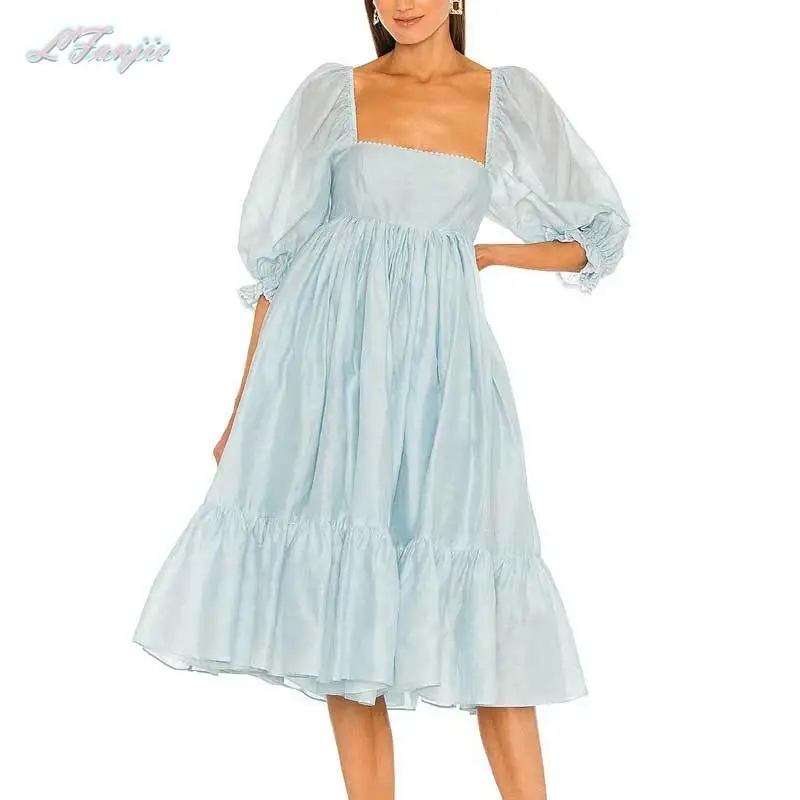 

Женское Хлопковое платье миди с квадратным вырезом, элегантное голубое платье средней длины с рукавом до локтя и кружевной отделкой, Элеган...