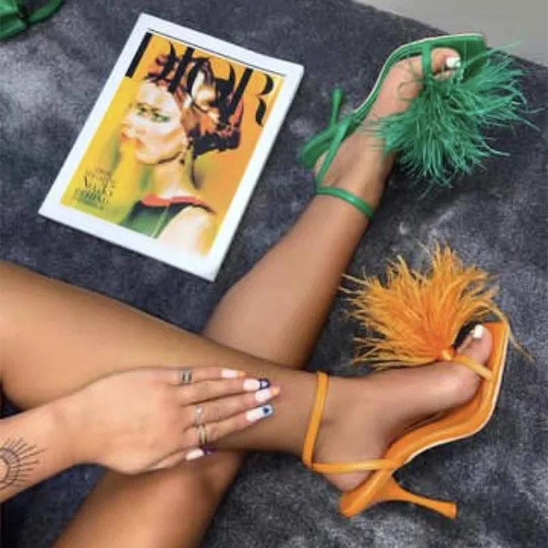 

2022 Summer Female Sandals Square Toe Hair Sexy Stiletto Heels Fashion Women's Shoes Ankle Strap Solid Ladies Pumps