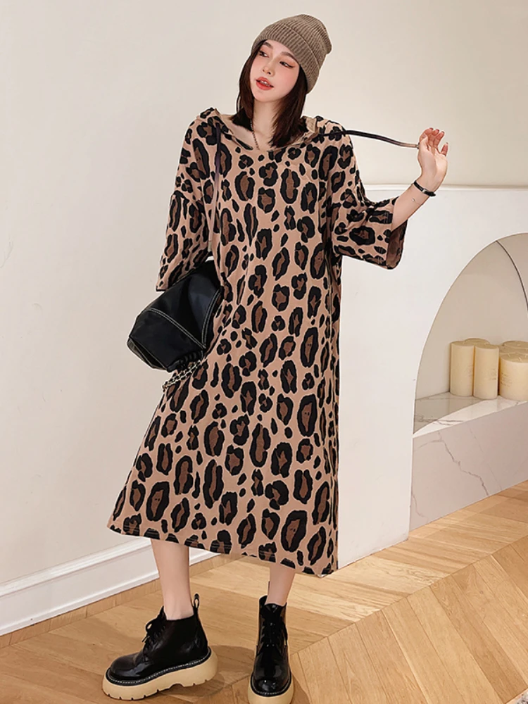

Leopard Big Tshirt Dress Women Summer 2022 Fashion Hooded Loose Long Woman Dresses Cotton Brown Elegant Midi Vestidos Clothes