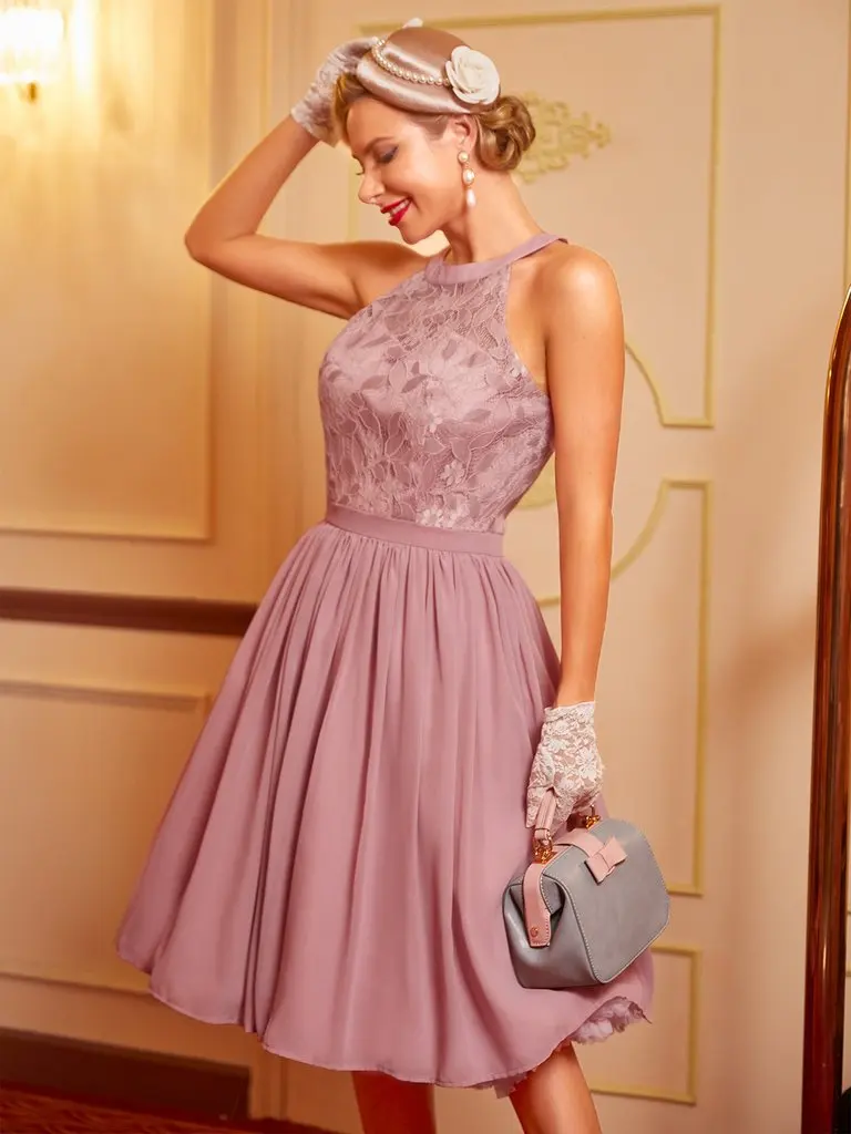 

Pink Lace Patchwork Summer Dress Women Elegant Halter Vintage Party Dress Advanced Femme Sleeveless Work Evening Prom Dresses