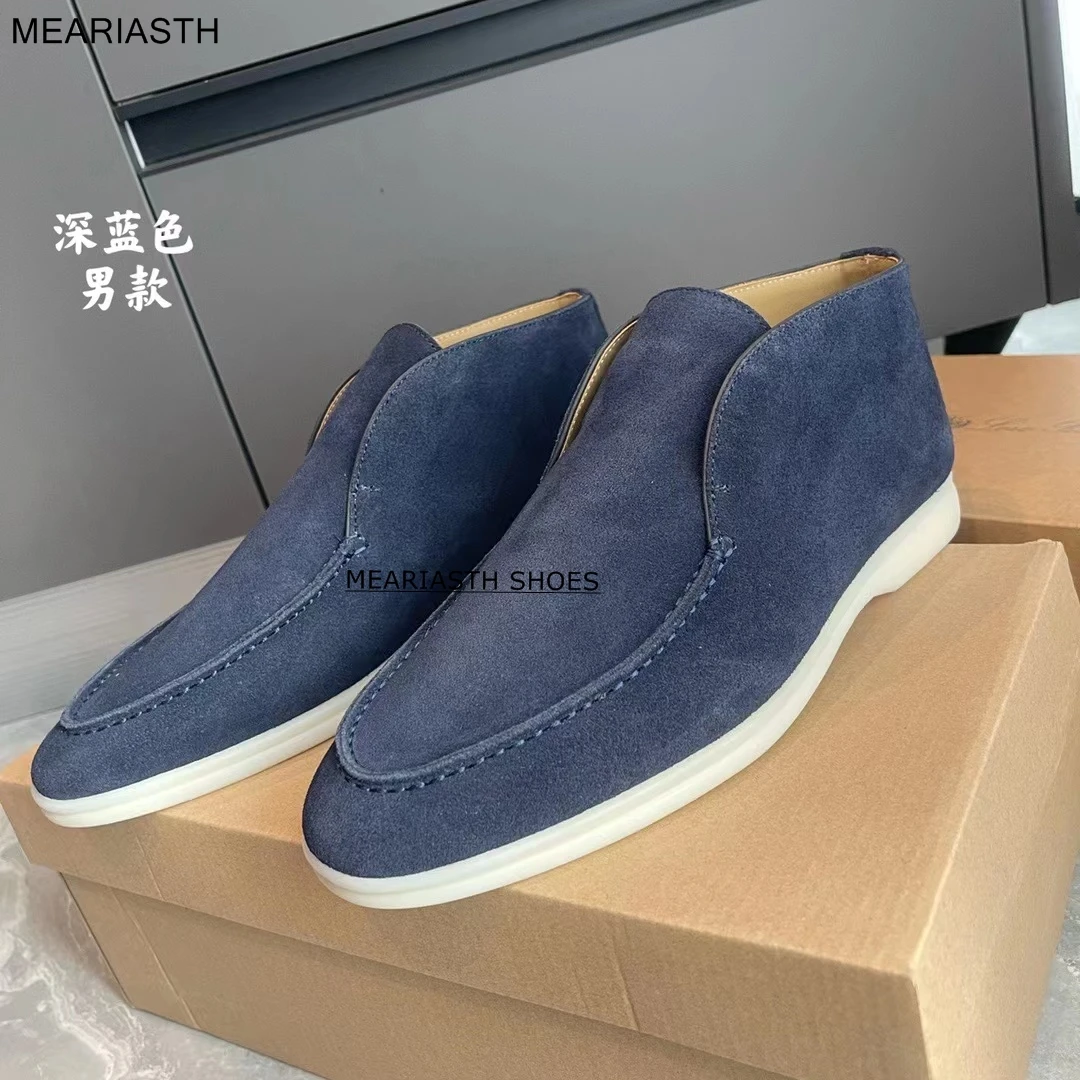 Suede High Top Men Loafers Flat Shoes Round Toe Slip On Causal Moccasins Driving Shoes Open Walk Shoes Women Short Ankle Boots images - 6