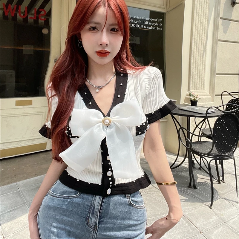 

Women Hit Color Bow Crop Top Short Sleeve Knitted Slim Females Sexy Sweet Chic Slim Basic Kawaii Streetwear Cardigan