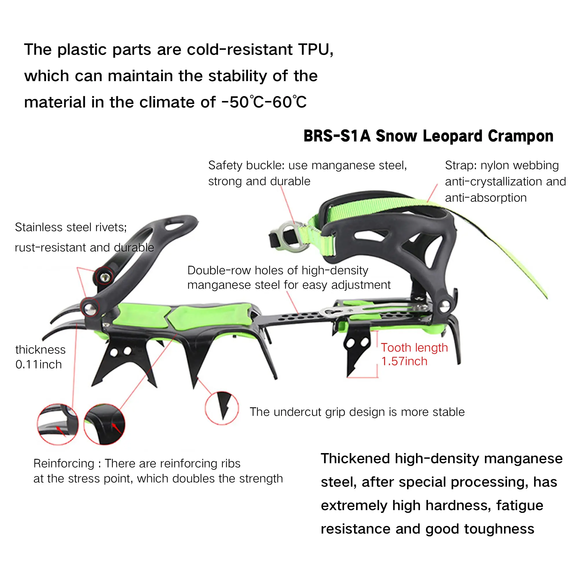BRS Professional Manganese Steel Climbing Crampons Outdoor Snow Walking Bundled 14 Tooth Non-Slip Mountaineer Crampons Equipment