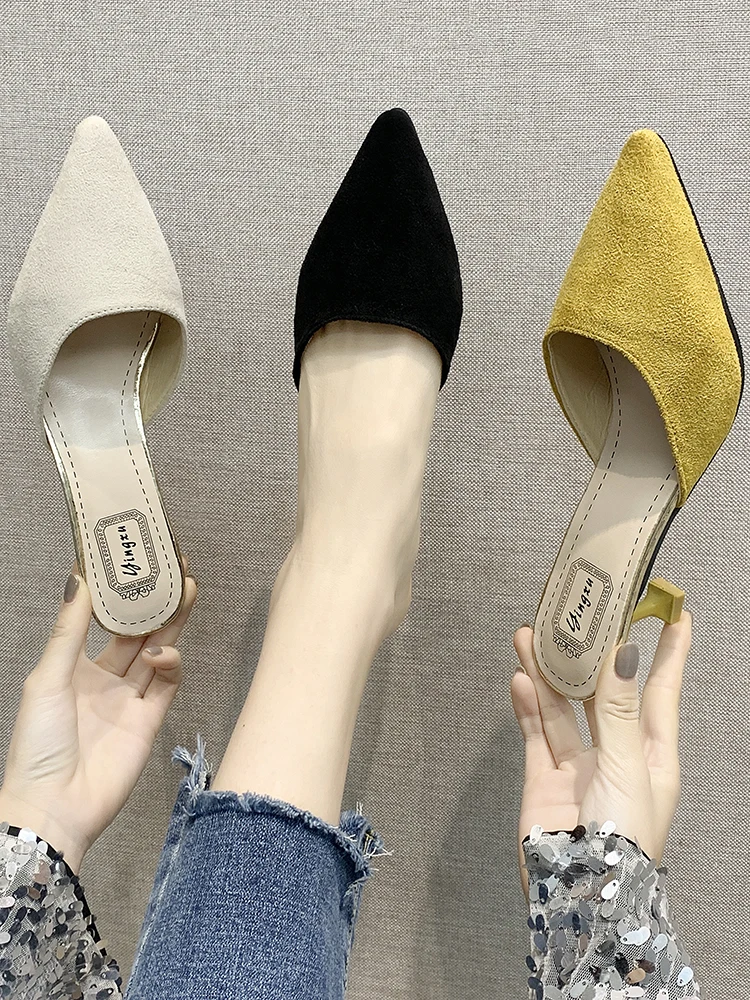 

Shallow Cover Toe Shoes Slippers Soft Slides Fashion Flock Med Slipers Women Thin Heels Comfort Pointed Luxury 2022 PU Rubber