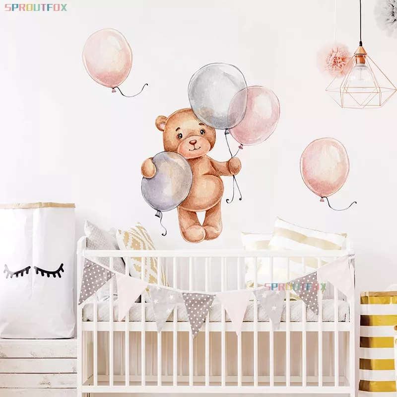 

Balloon Brown Bear Wall Stickers for Kids Room Baby Boys Nursery Room Decoration Animals Wall Decal Nordic
