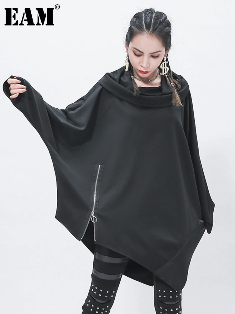 

[EAM] Loose Fit Black Irregular Sweatshirt New Turtleneck Long Sleeve Women Big Size Fashion Tide Spring Autumn 2023 1Z316