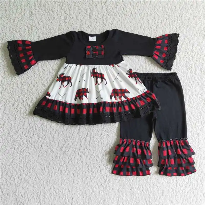 

2022 повседневное ношение, новый дизайн, черно-белое платье с длинным рукавом и принтом оленя, черные брюки-подкладки, модное высококачественное платье в западном стиле для маленьких девочек