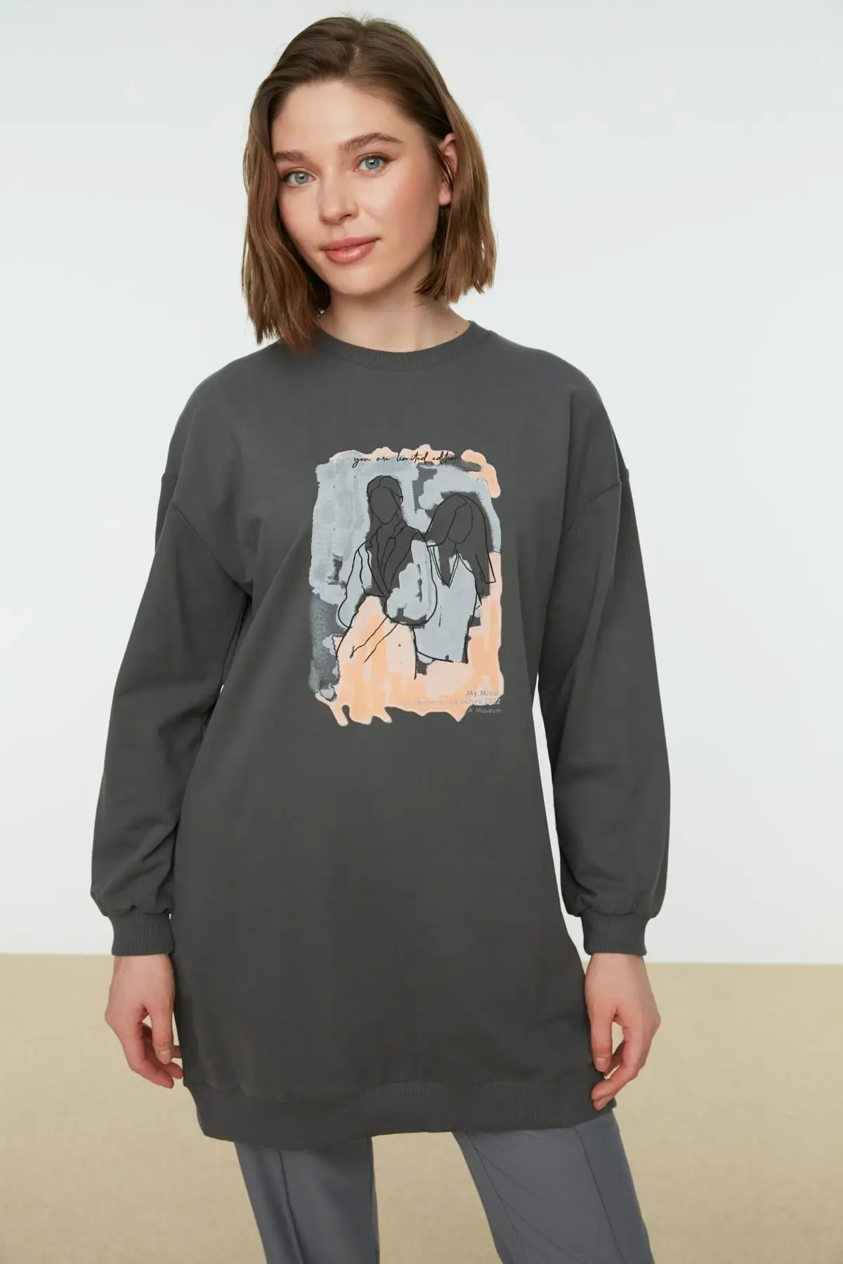 

Women's Sweatshirt Gray Printed Knitted Hoodies Fashion All Season New Designer Pullovers Fleece Hoodies