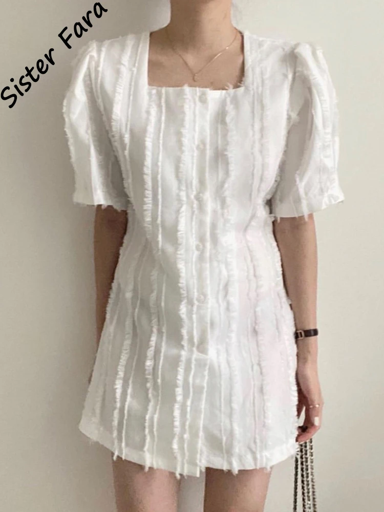 

Sister Fara Square Collar Tassel Elegant Dresses for Women's Summer High Waist Puff Sleeves Dress Female Pullover Slim Dresses