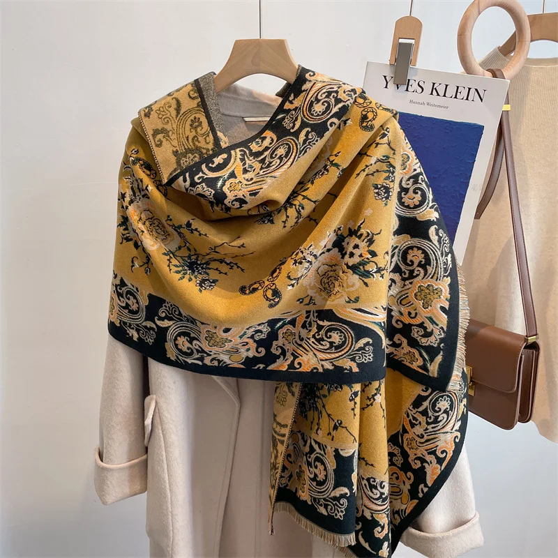 Роскошный Теплый зимний кашемировый платок, женский шарф 2022 брендовый шаль с цветочным принтом, накидка, уличное одеяло, пончо