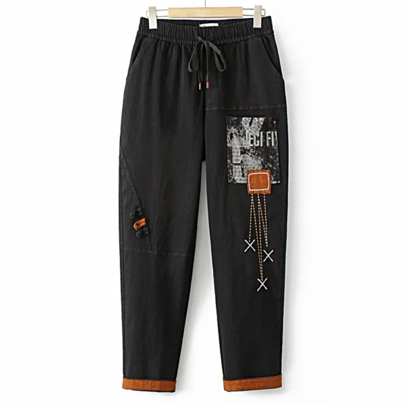 

Plus Size Jeans Women's Clothing Fall Letter Print Embroidered Large Pockets Patch Washed High Waist Stretch Denim Harem Pants