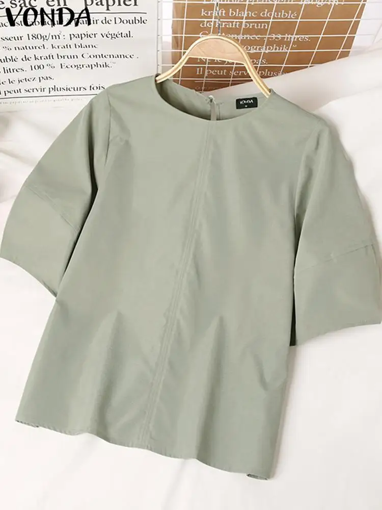

VONDA Elegant Summer Blouses 2022 Women Fashion O Neck Solid Tops Tunics Femme Street Pleated Puff Sleeve Casual Party Blusas