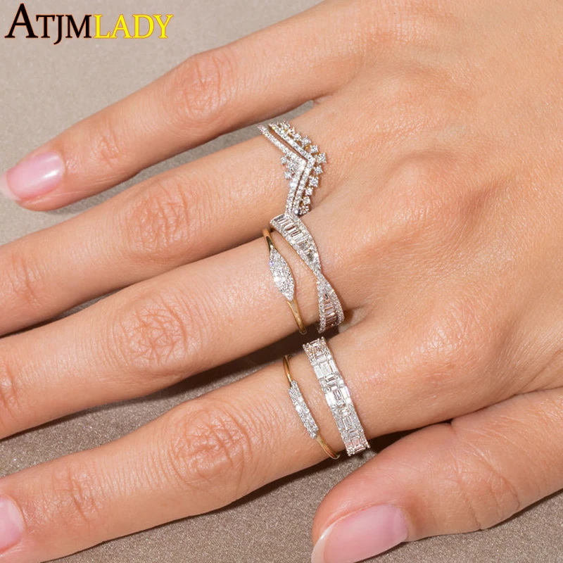 

US Size 5 6 7 8 Gold Vermeil Geometric Cross Criss Shape 100% 925 Sterling Silver Clear Cubic Zirconia Paved Cz Band Finger Ring
