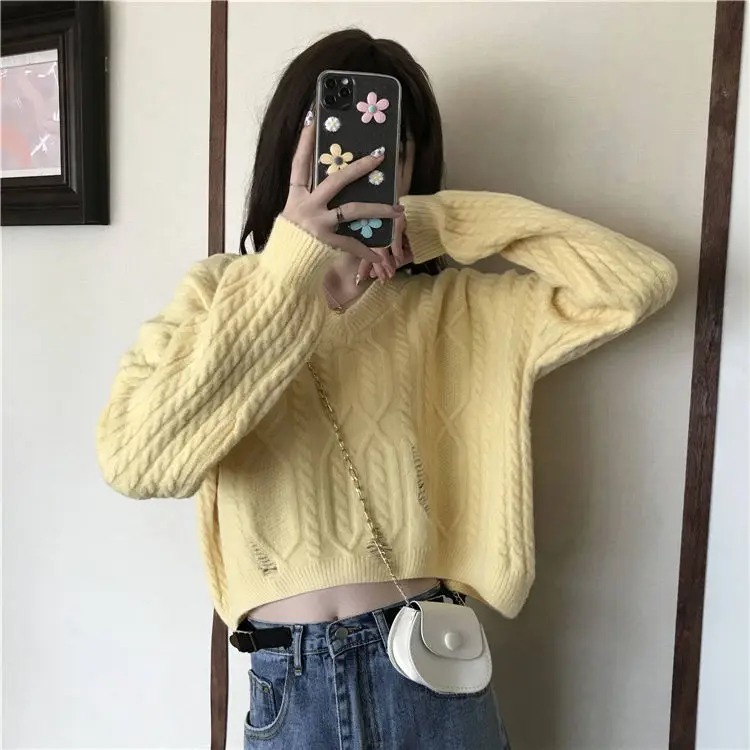 Рваный свитер больших размеров женская свободная верхняя одежда осенне-зимний