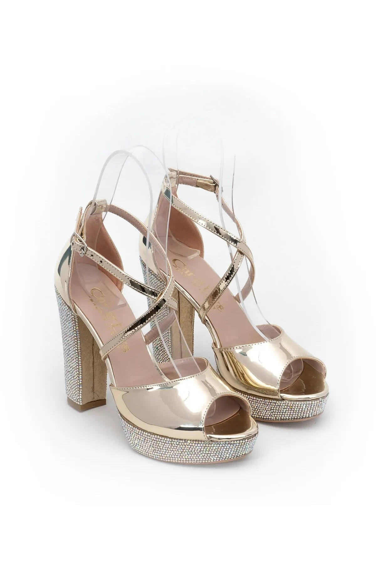 

Women's Fashion Handmade Gold Mirror Stone Lady High Heels Evening Shoes