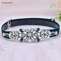 topqueen s443 women elastic belt fashion shiny dark green rhinestone dresses stretch sash bridal wedding accessory waistband