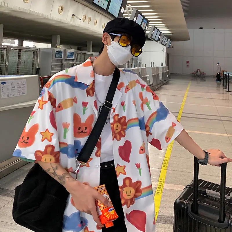 

Summer Short Sleeve Shirt Men Couples 2022 New Hong Kong Style Loose Shirt Ins Tide Brand All-match Handsome Korean Jacket Tops