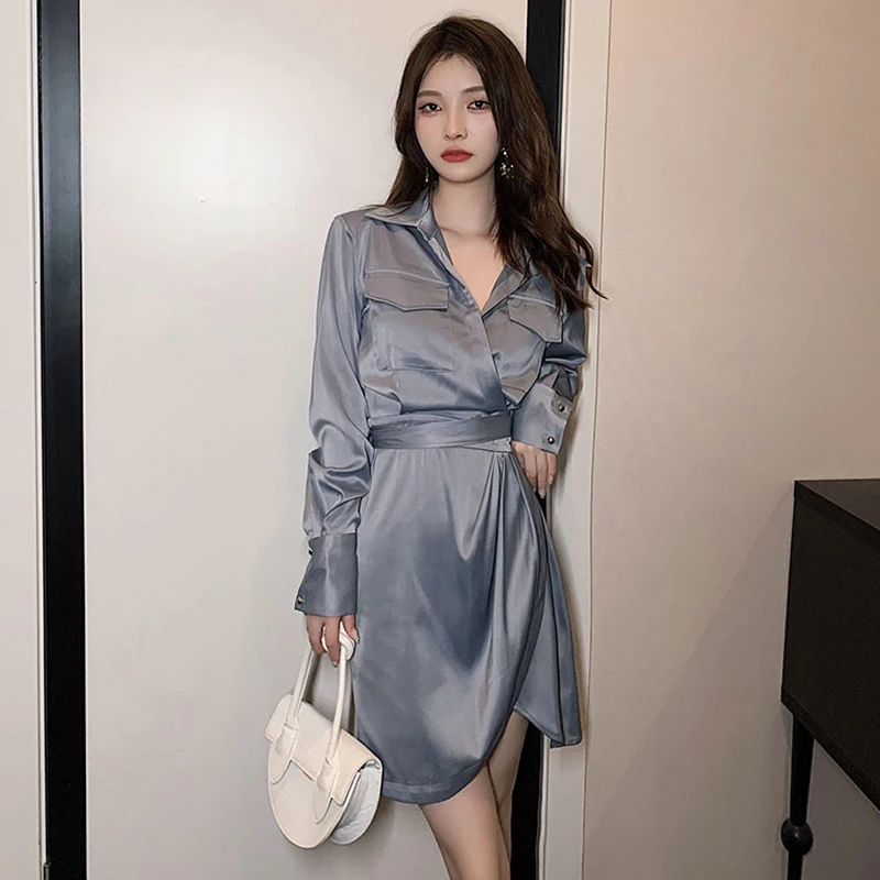 

Autumn Winter Vintage Acetate Satin Vestido Women Bodycon Casual Sexy Club Mini Dress 2022 Elegnat Offie Lady Shirt Party Dress