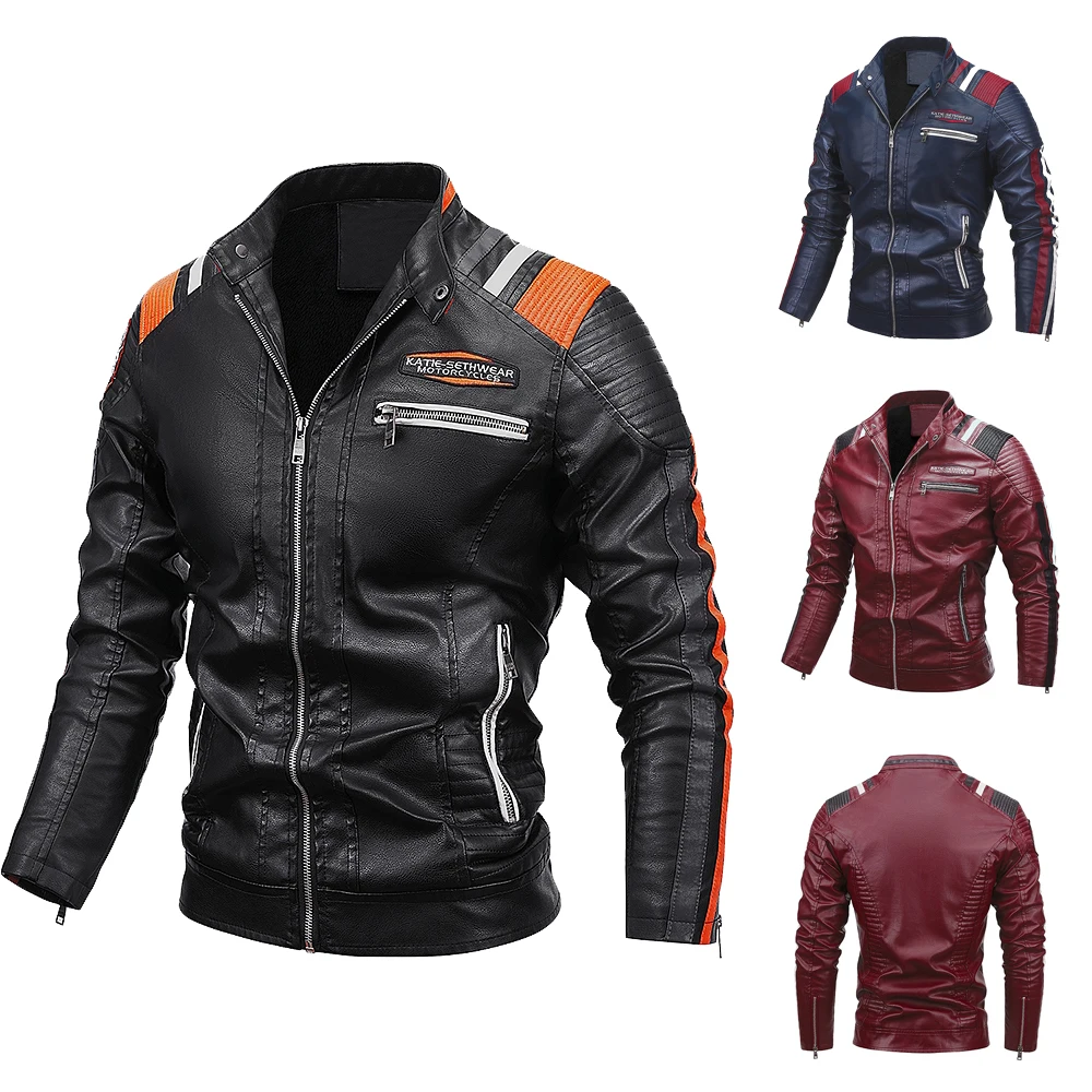 

Men's Motorcycle Leather Jacket Autumn/Winter Fleece Men's Wear Casual Jacket Faux Leather Stitching Colours Biker Coat Jaqueta