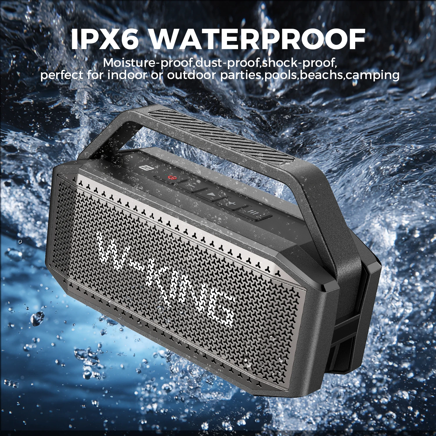 Фото Портативная Bluetooth-колонка W-KING D9-1, 80 Вт (пиковая мощность), водонепроницаемость IPX6, с 2 широкополосными динамиками, глубокими басами, до 30 часов работы №4