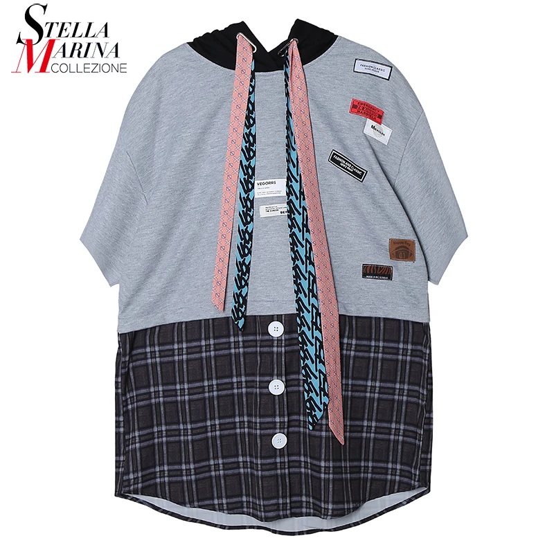 

New Big Size Straight Short Sleeve Woman Summer Casual Gray Pullover Hoodies Drawstring Letter Printed Plaid Hem Hoodies RE014