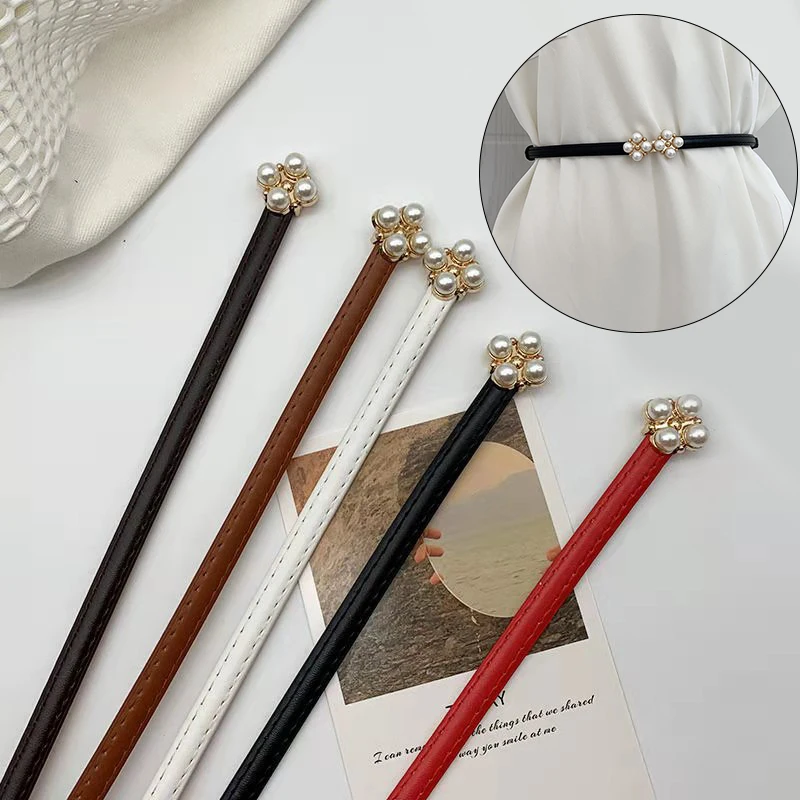 

Elegant Pearl Buckle Thin Belt For Women Leather Skinny Waist Belt Adjustable Waistbands Durable Dress Suit Waistband Accessory