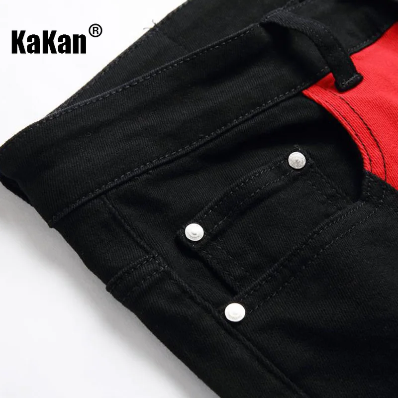 Kakan - New European and American Men's Jeans, Slim Fitting Straight Tube Black Red Patchwork Checkered Denim Pants K23-7275