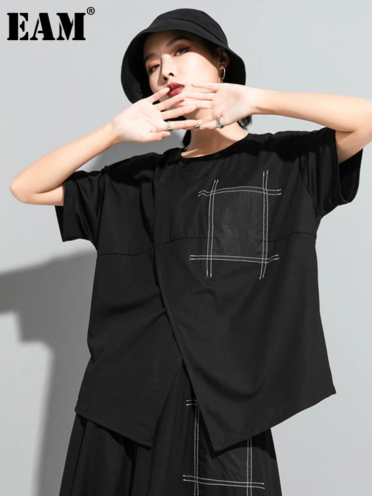

[EAM] Women Black Spliced Irregular Big Size T-shirt New Round Neck Short Sleeve Fashion Tide Spring Summer 2022 1DD7734