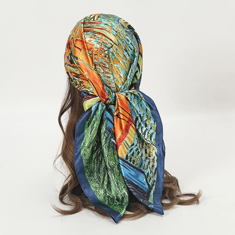 

Vintage Oil Painting Print Shawl Silk Square Scarf for Women Hair Bands Neckerchief Female Headband Foulard Satin Hijab Bandana