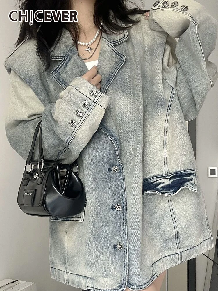 

CHICEVER Streetwear Do Old Denim Coats For Women Notched Collar Long Sleeve Single Breasted Spliced Pocket Hit Color Coat Female