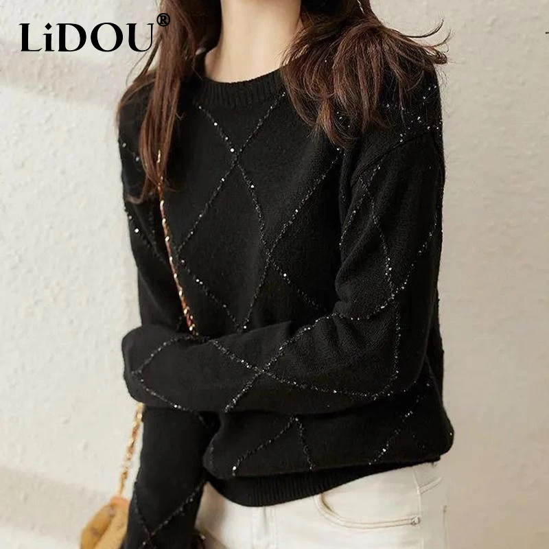 Осенне-зимний уличный Яркий шелковый Повседневный свитер со стразами в стиле