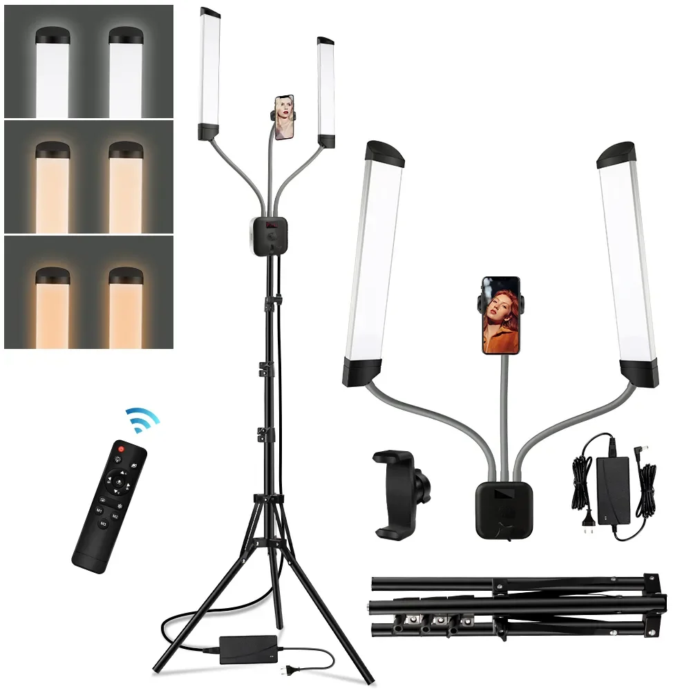 

NEW2023 LED Double Arms Fill Light 3000K-6000K Long Strips Light with LCD Screen 200cm Tripod Stand Photographic Ring Lamp Live