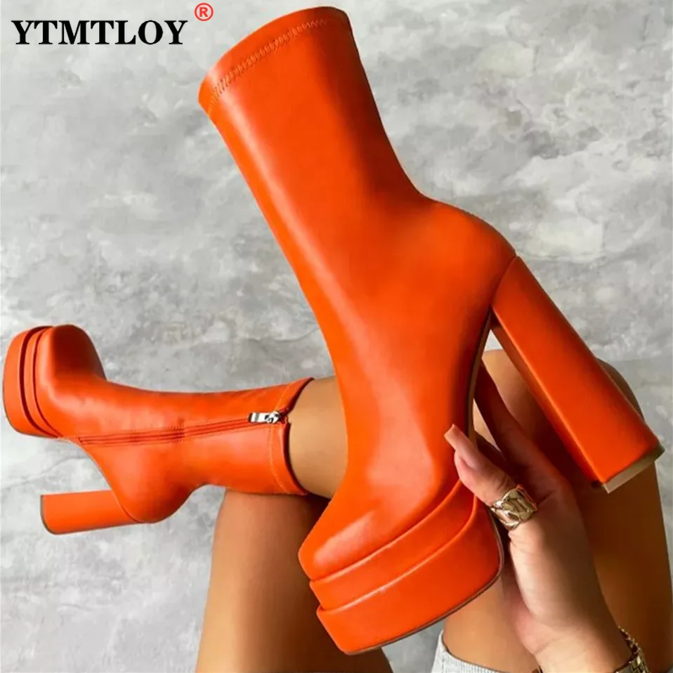 

Rontic New Arrival Women Winter Mid Calf Boots Platform Chunky Heels Round Toe Pretty Pink White Red Party Shoes High Heels