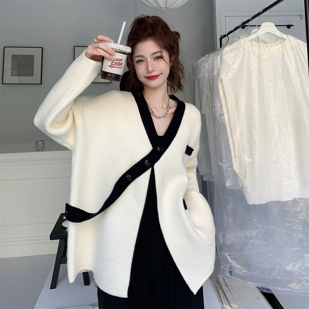 

Women's Sweater 2022 Fashion Stitching Contrast Color Lazy V-neck Sweater Cardigan Korean Chic Lady Long-sleeved Coat Top Female