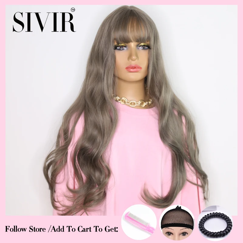 

Sivir Linen gray Synthetic Wig 28inch for white women wig with Bangs long wave wigs high temperature fiber free shipping