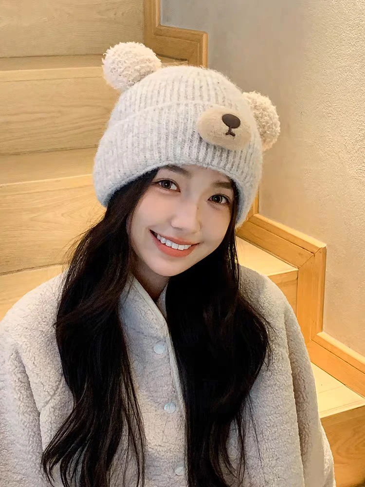 Универсальная вязаная шапка с милым медведем для детей осенне-зимняя новая