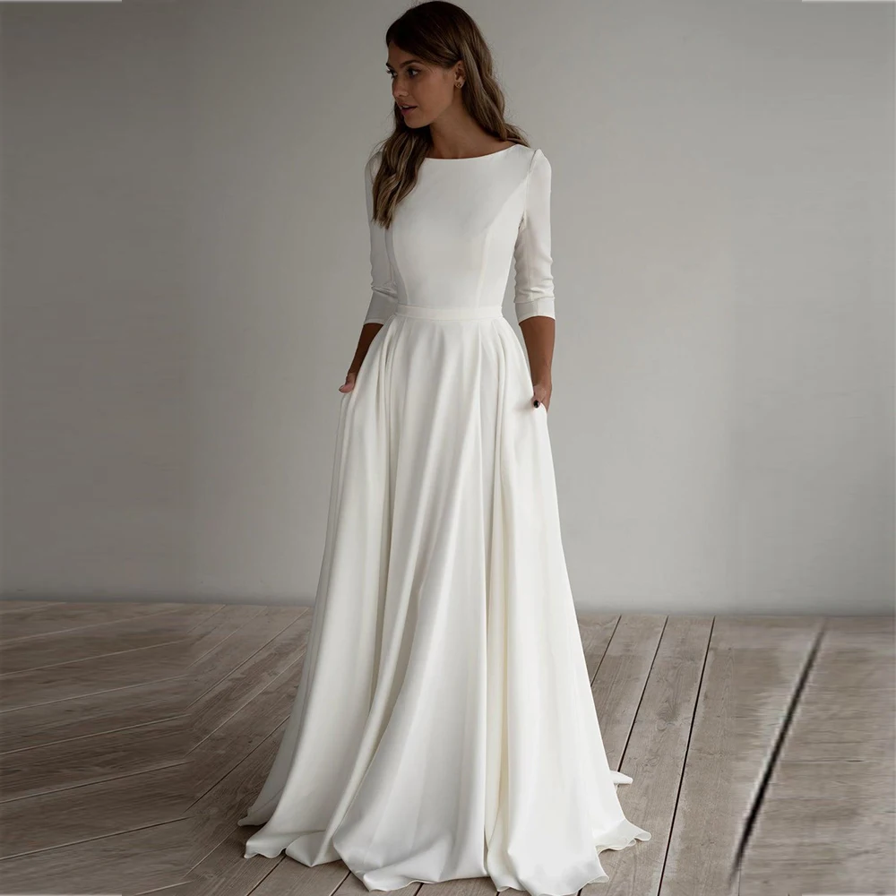 

Ivory Simple Wedding Dresses O-Neck Three Quarter Sleeves Satin Wedding Gowns A-Line Sweep Train Zipper Back Bride Dress Vestido