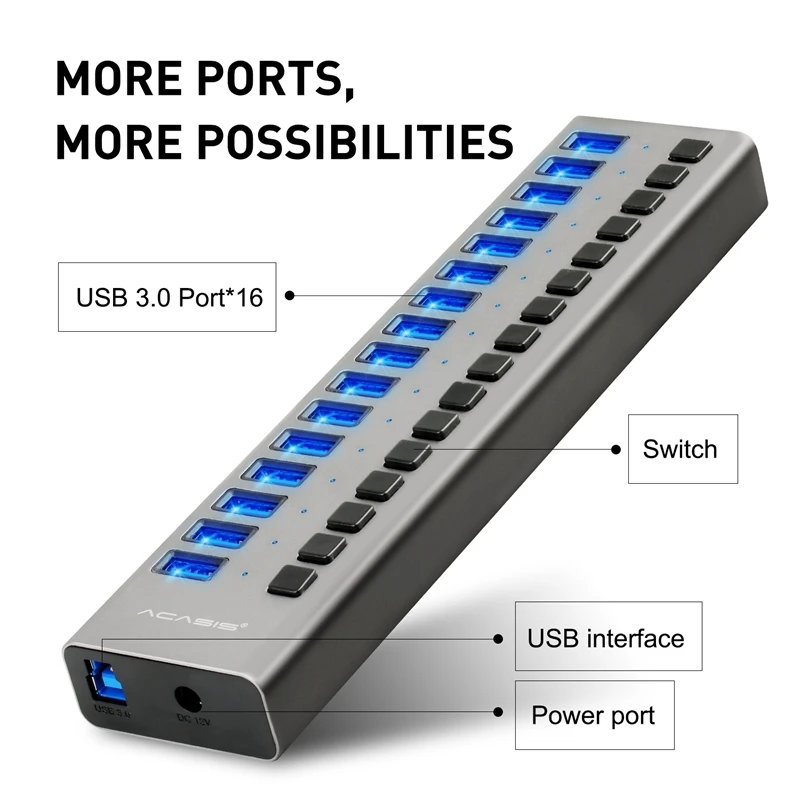 

USB HUB 3.0 External Power Adapter 16/10 Ports USB Hub Splitter Switch 12V 7.5A Power Adapter for Mac Tablet Laptop PC US EU UK