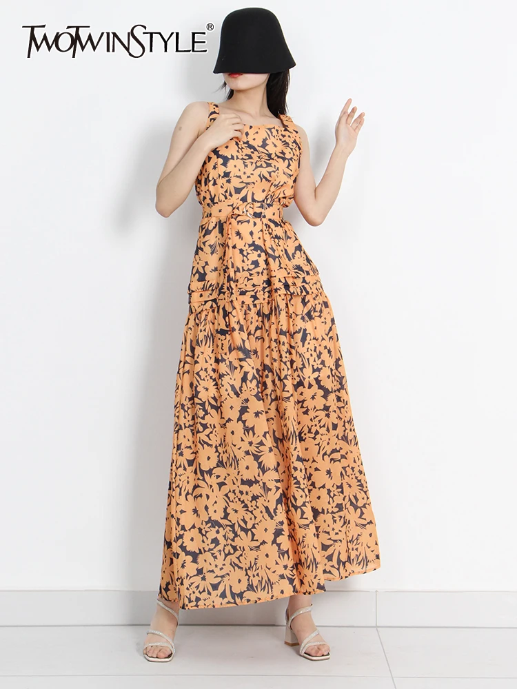 

TWOTWINSTYLE Print Casual Dress For Women Square Collar Sleeveless Patchwork Folds Sashes Lace Up Ankle Dresses Female Clothing