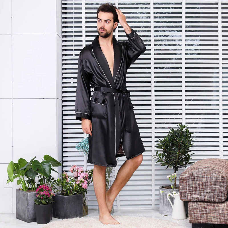 Men's Silk Nightgown Shorts Two Piece Suit Summer Thin Long Sleeve Soft Comfort Men Pajamas Men's Plus Size Bathrobe
