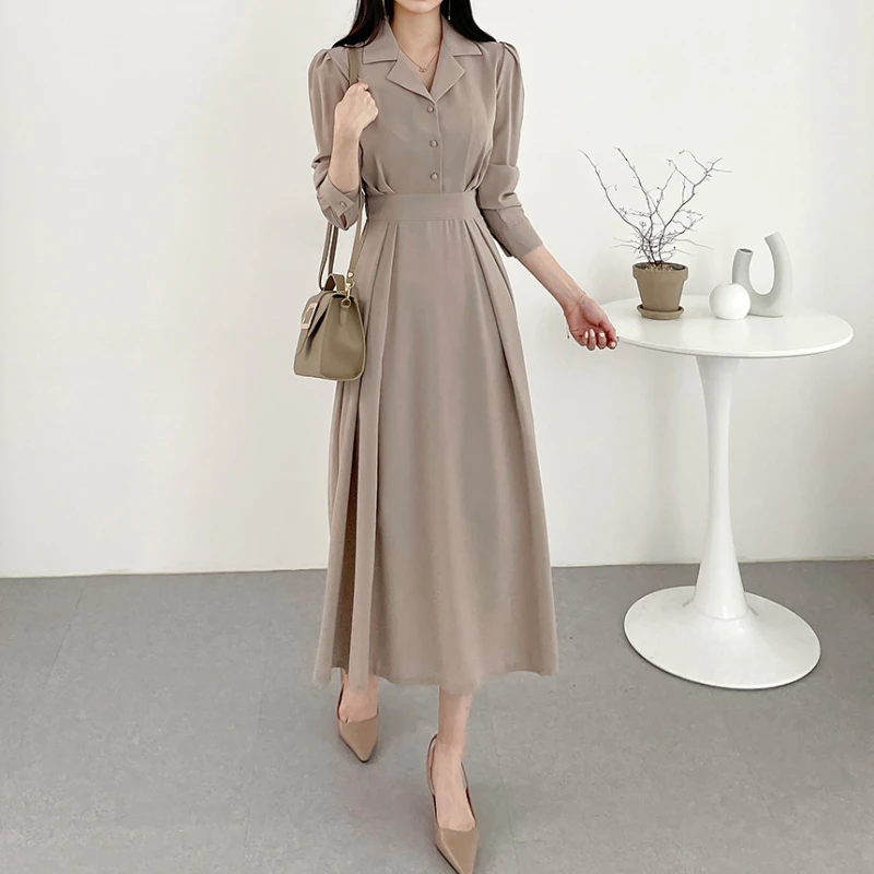 

Korean Fashion Women's Elegant V-neck Dress Belted Waist Bubble Sleeves Women Dress Streetwear Long Dress