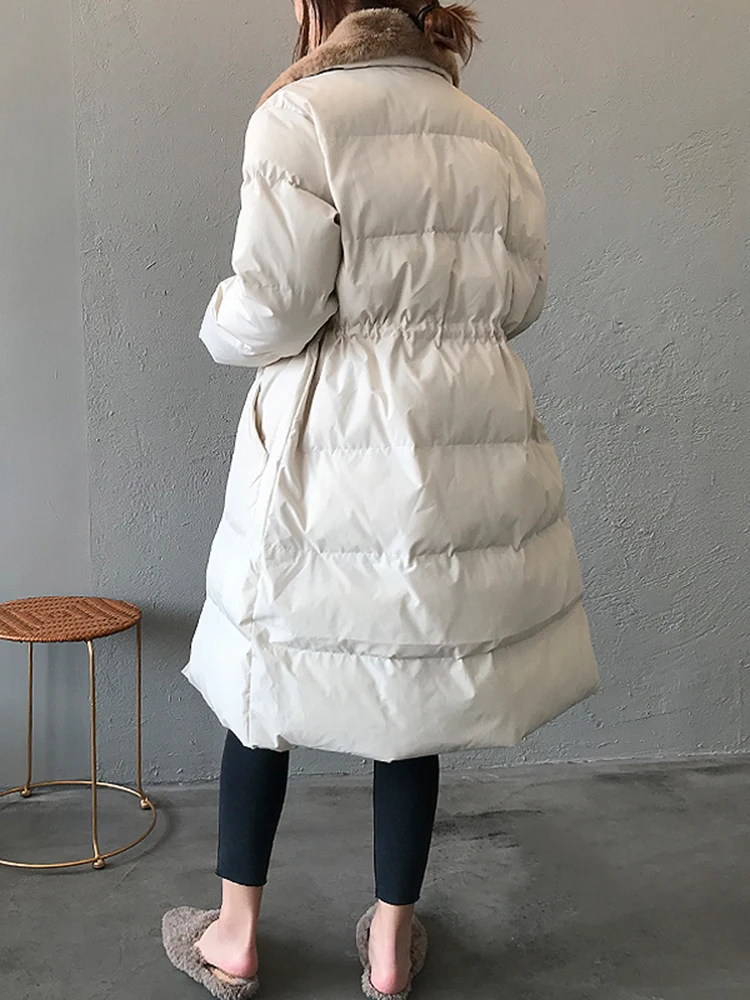 QOERLIN Imitation Rabbit Collar Winter Thicken Long Trench Winter Mid-length Waisted Keep Warm Down Coats Women Zipper Parkas