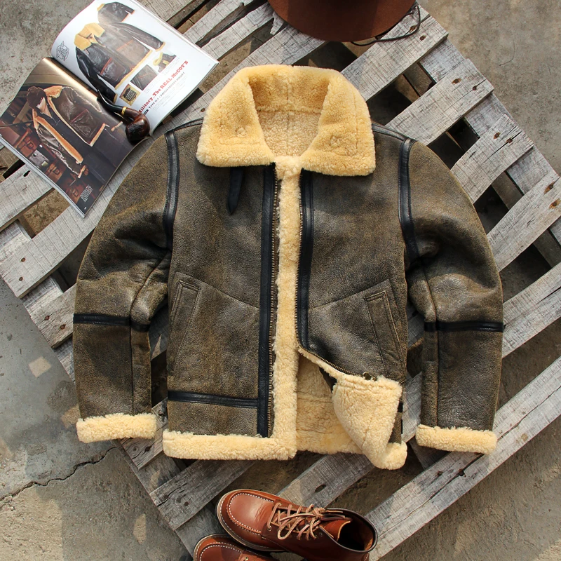 2024 теплая мужская кожаная куртка винтажная овечья шерсть классическое зимнее